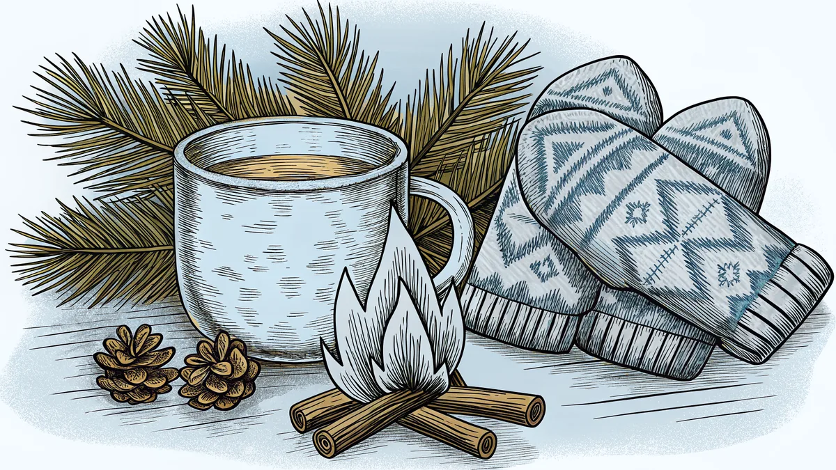 A steaming mug and knitted mittens set by pine sprigs near a fire.