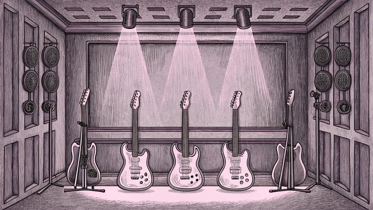 Electric guitars of various styles rest on stands in a recording studio.