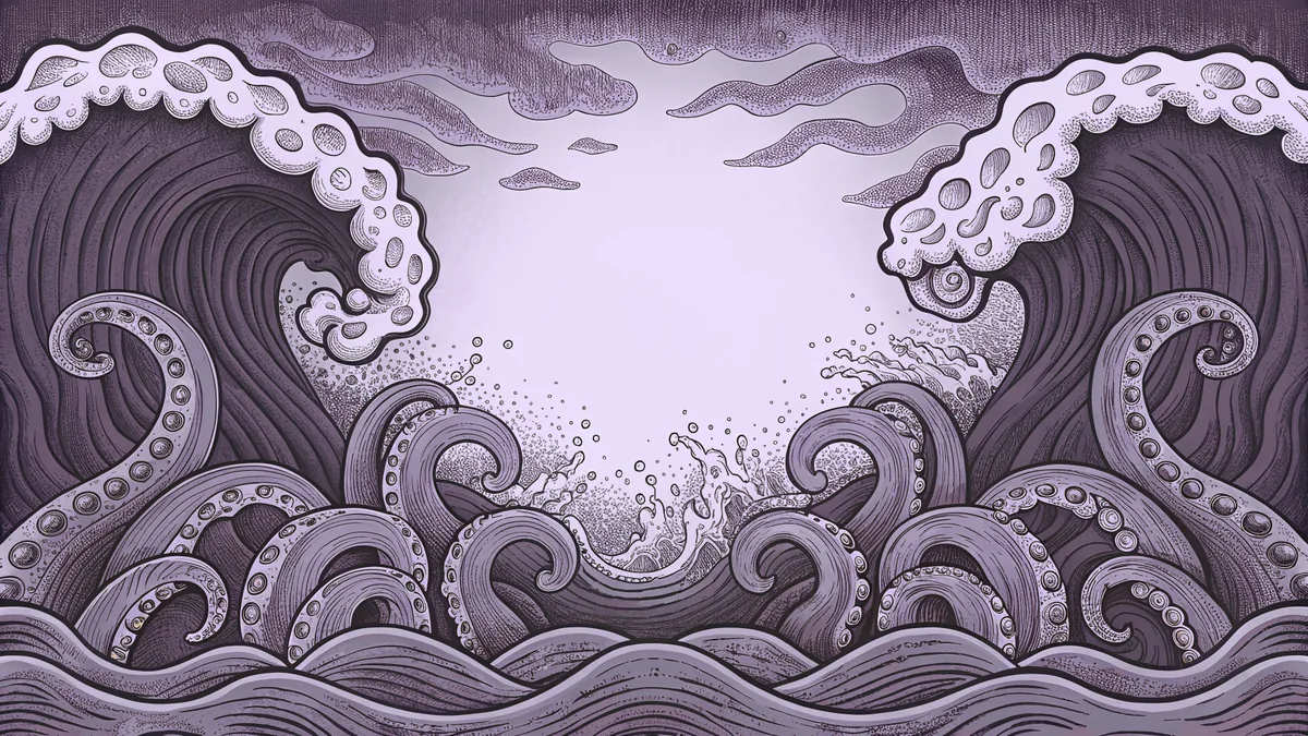 A sea monster and mermaid inhabit the depths of a mythical underwater realm.