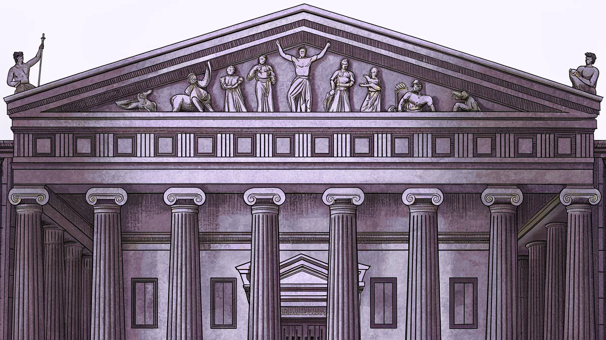 Greek mythological figures and gods gathered on Mount Olympus.