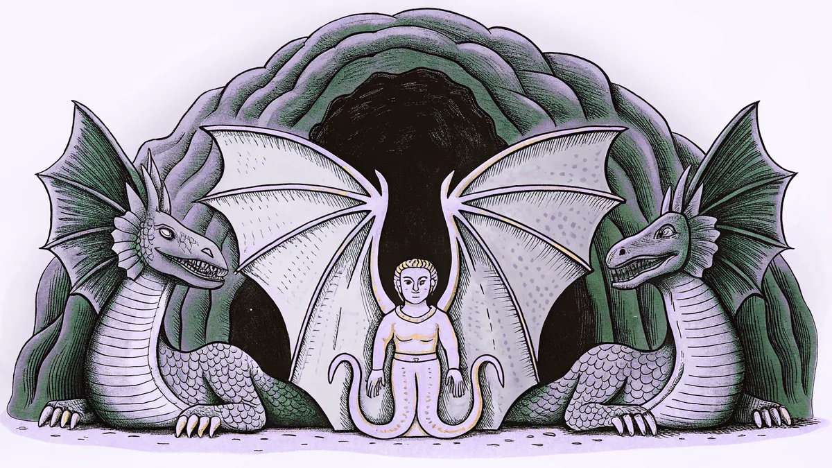Mythological monsters gathered in a shadowy cave.