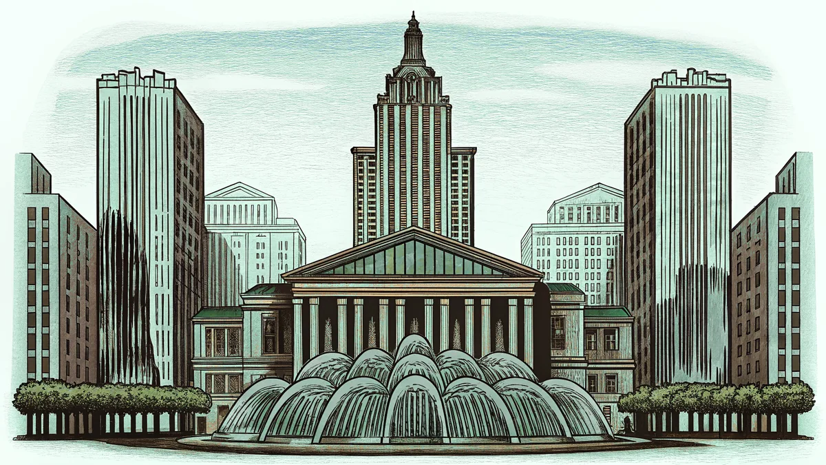 Famous landmarks illuminated in green: Chicago River, glowing buildings, and green-lit fountains.