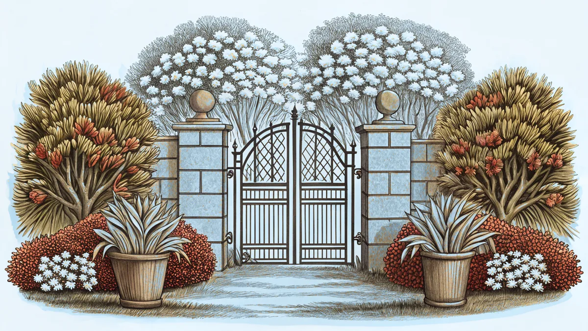 An ornate iron gate framing a verdant garden landscape.