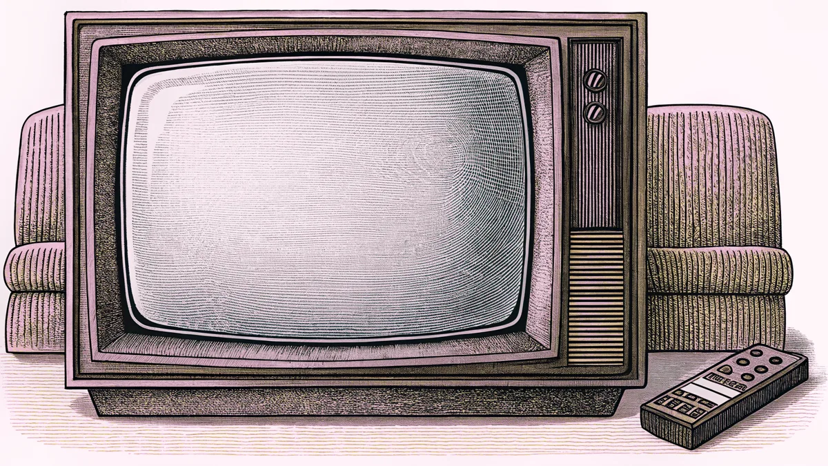 A boxy television set sits beside a remote control on a side table.