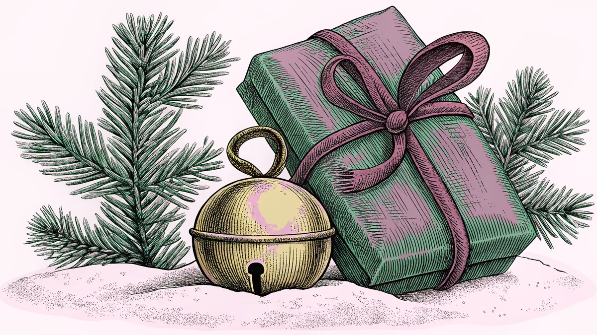 A wrapped gift box and a sleigh bell sitting on a snowy ledge, framed by sprigs of pine.