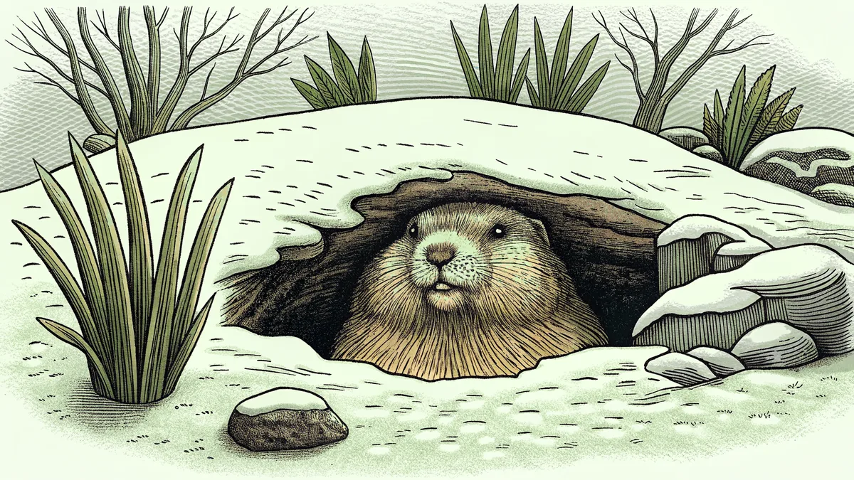 Groundhog emerging from snowy burrow casting a long shadow in daylight