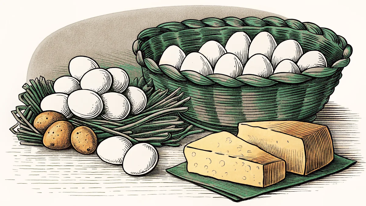 Protein-rich eggs, cheese, and chicken rest on a kitchen surface.