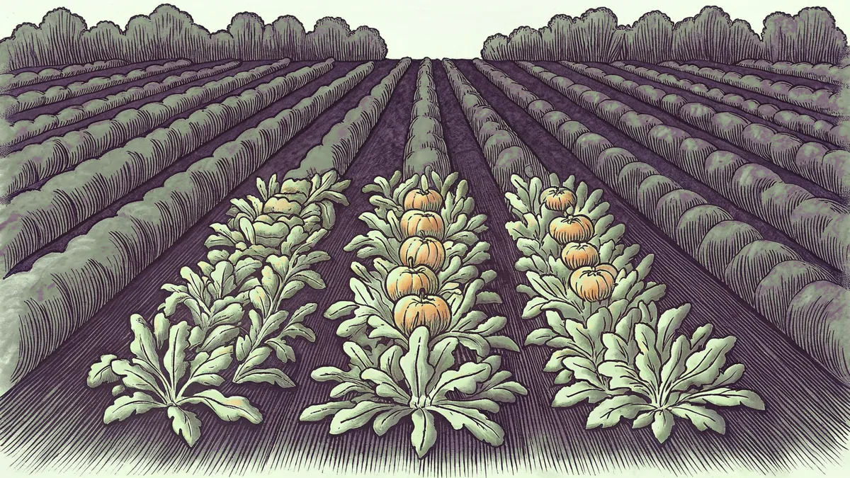 Garden bed with planted ridges, staked plants, seedbeds, and ripe vegetables.