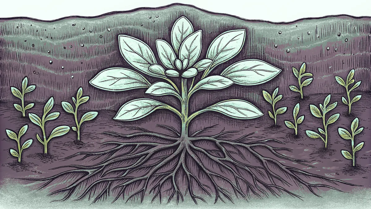 A blooming plant with green leaves and exposed roots in moist earth with water glistening.