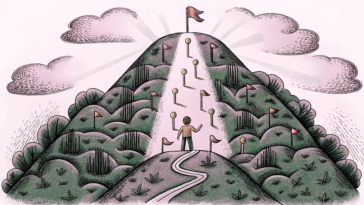 Student ascending a mountain path marked with flags and achievement milestones.
