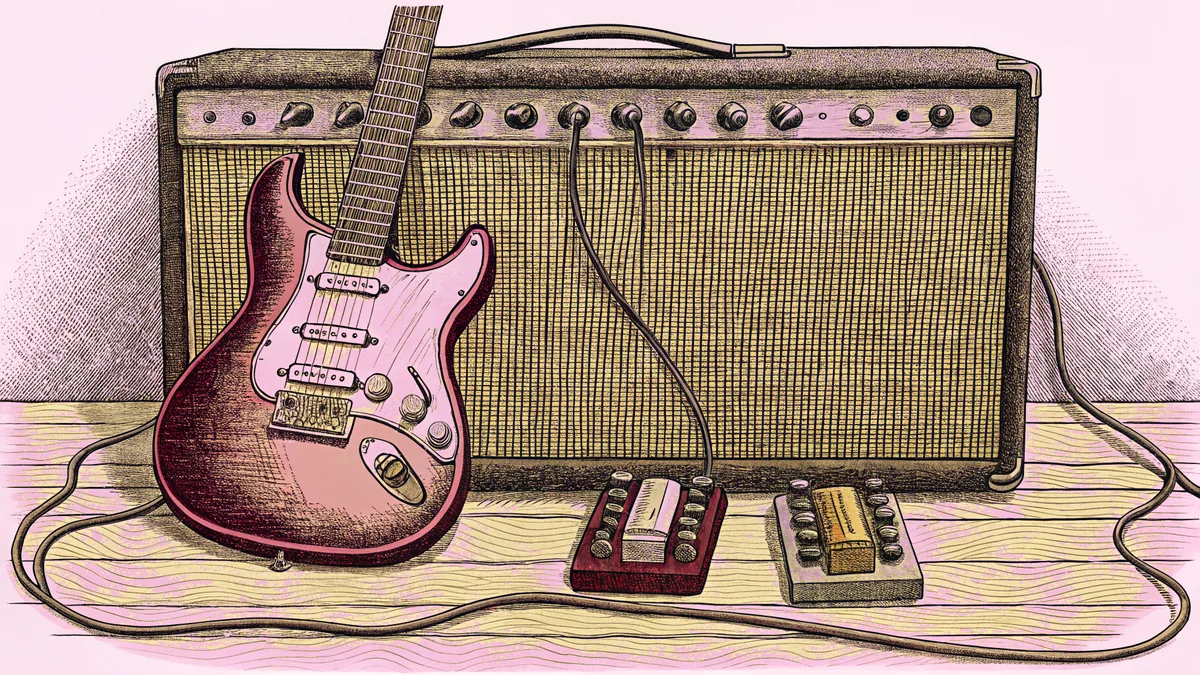 An electric guitar sits before a vintage amplifier with effect pedals.