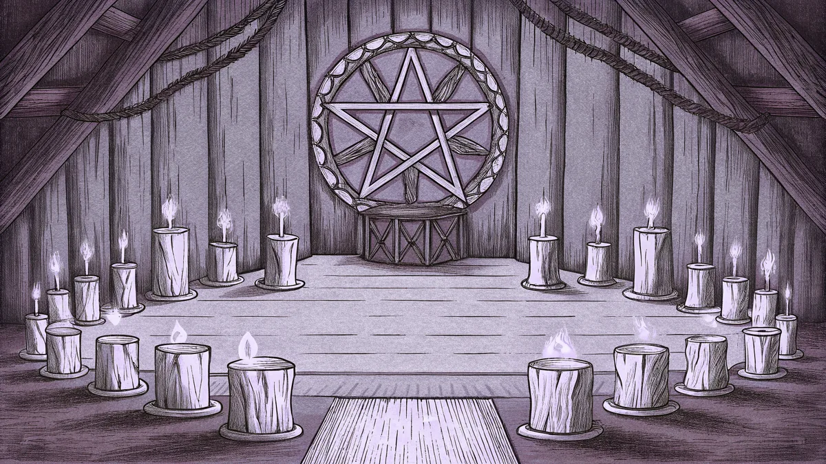 A spiritual altar awaits with candles, drums, and offerings of devotion.