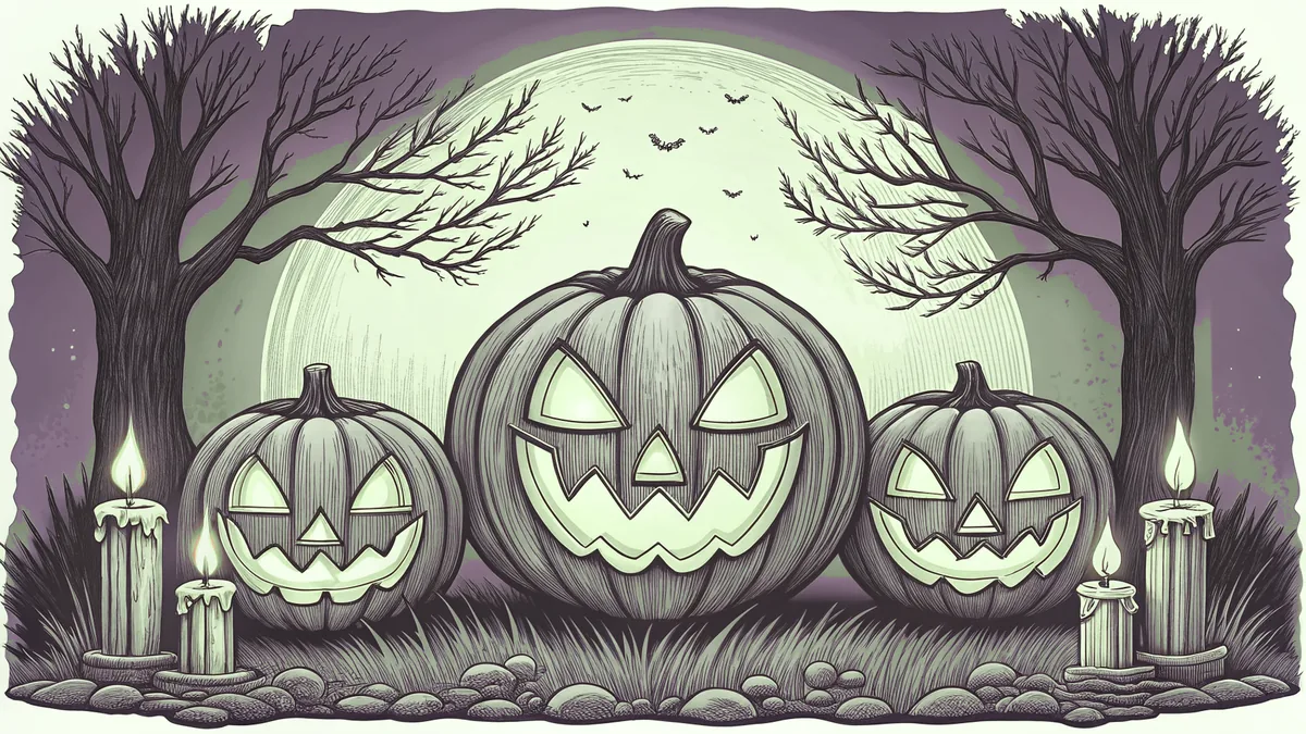Carved jack-o-lanterns and glowing candles illuminating a Halloween gathering with costumed figures nearby.