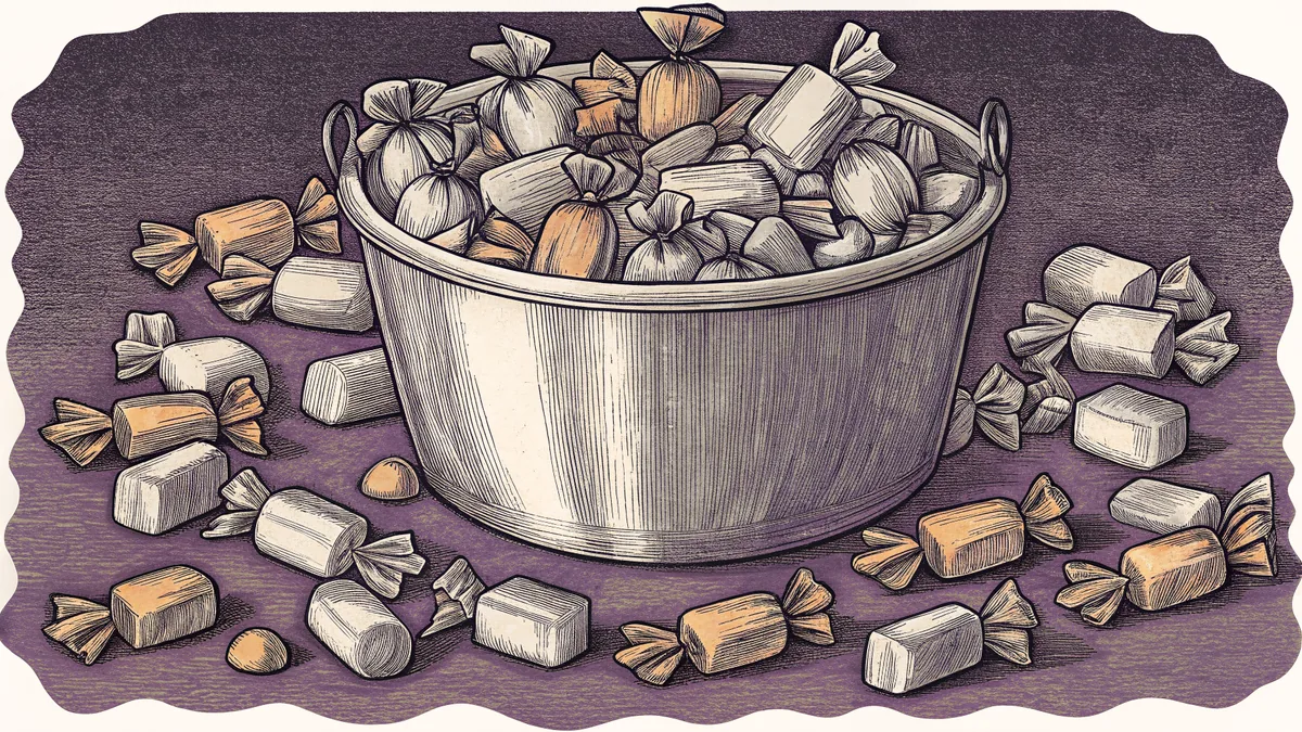 Overflowing with caramel and toffee candies, a Halloween bucket brims with treats
