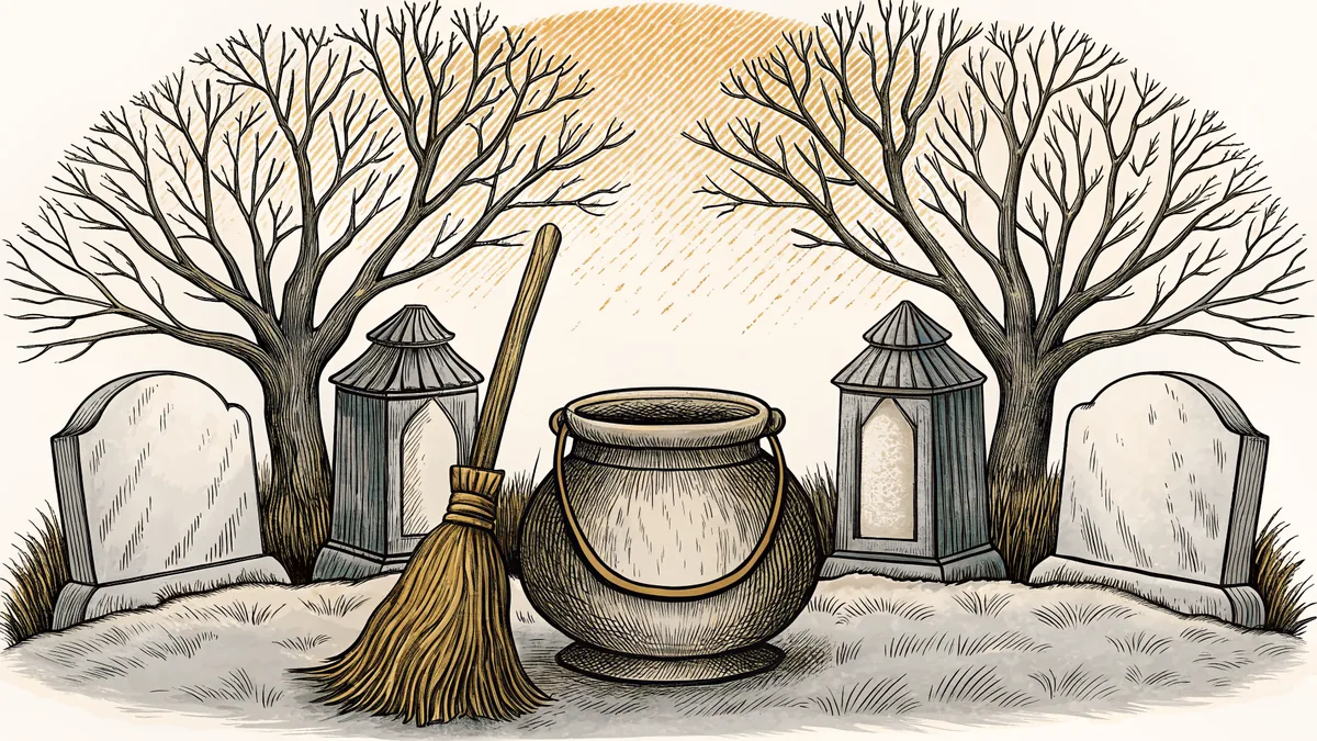 A witch's cauldron and broomstick rest among tombstones in a misty graveyard.
