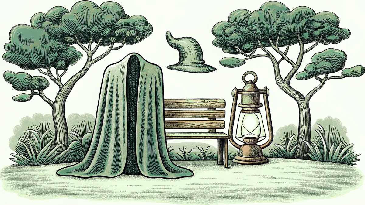 A witch's hat and velvet cape folded on a bench beside a lantern.
