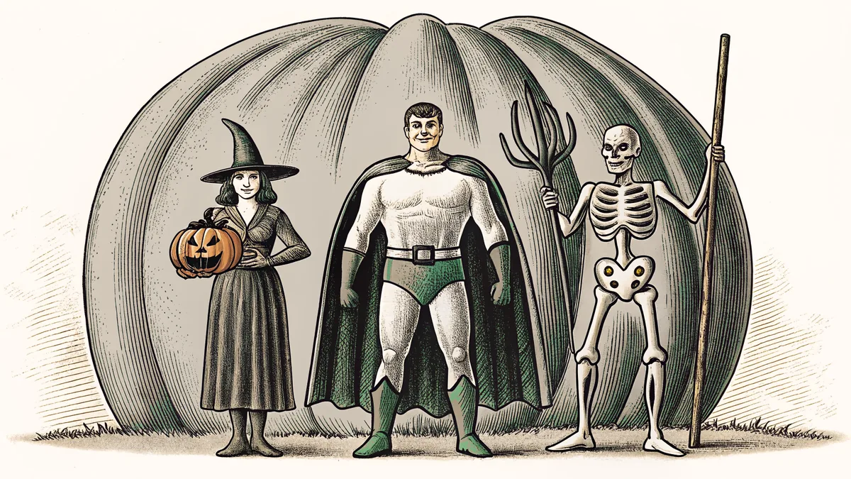 Halloween costume characters standing together in festive dress.