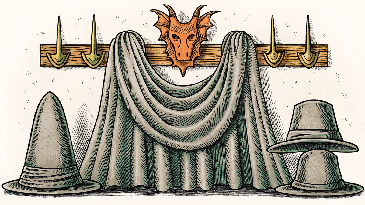 A pirate cape and dragon mask hang on a wooden costume rack beside witches' hats.