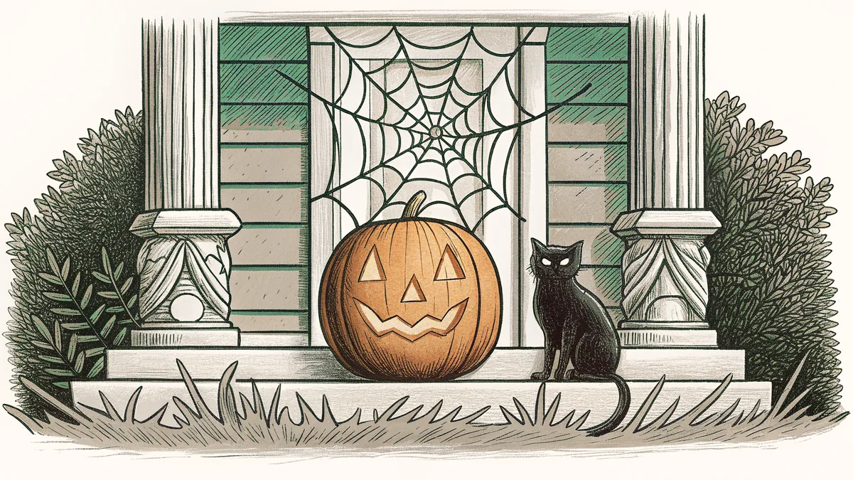 A carved pumpkin lantern and black cat among cobwebs on a porch.