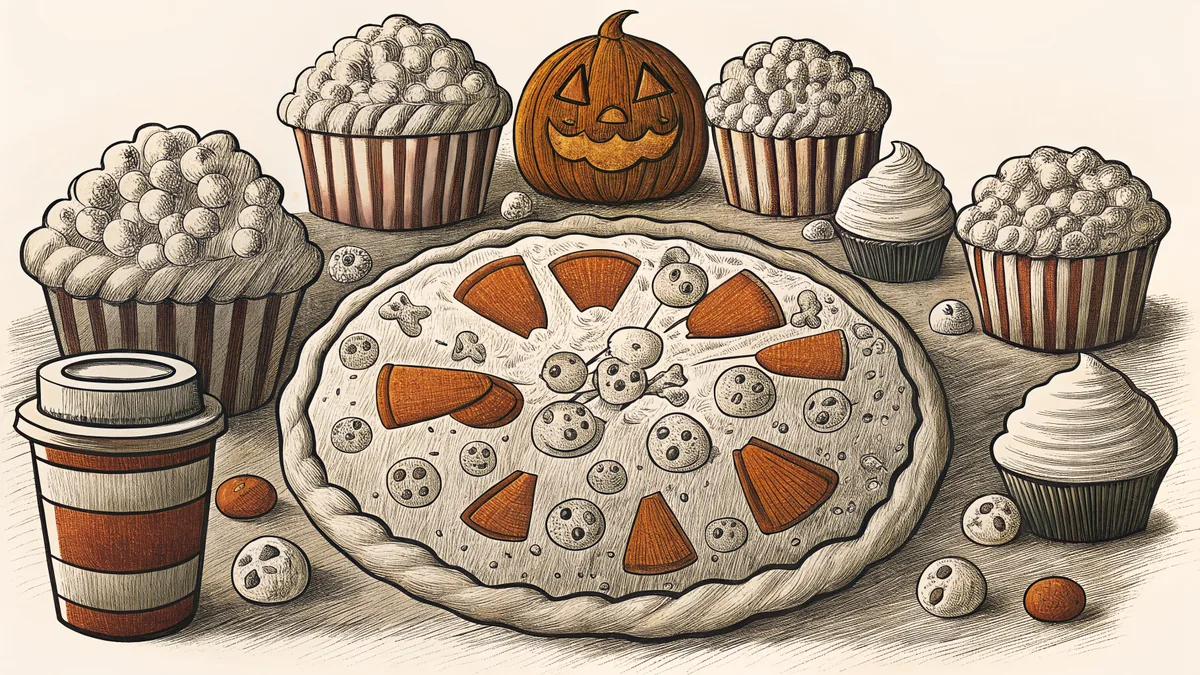 Festive Halloween party foods including pizza, cupcakes, and chocolate treats.