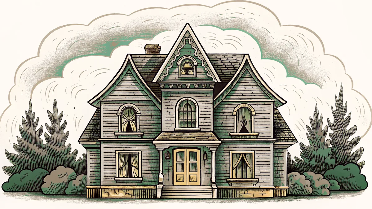 An old mansion during a thunderstorm with wind and shadowy sounds.