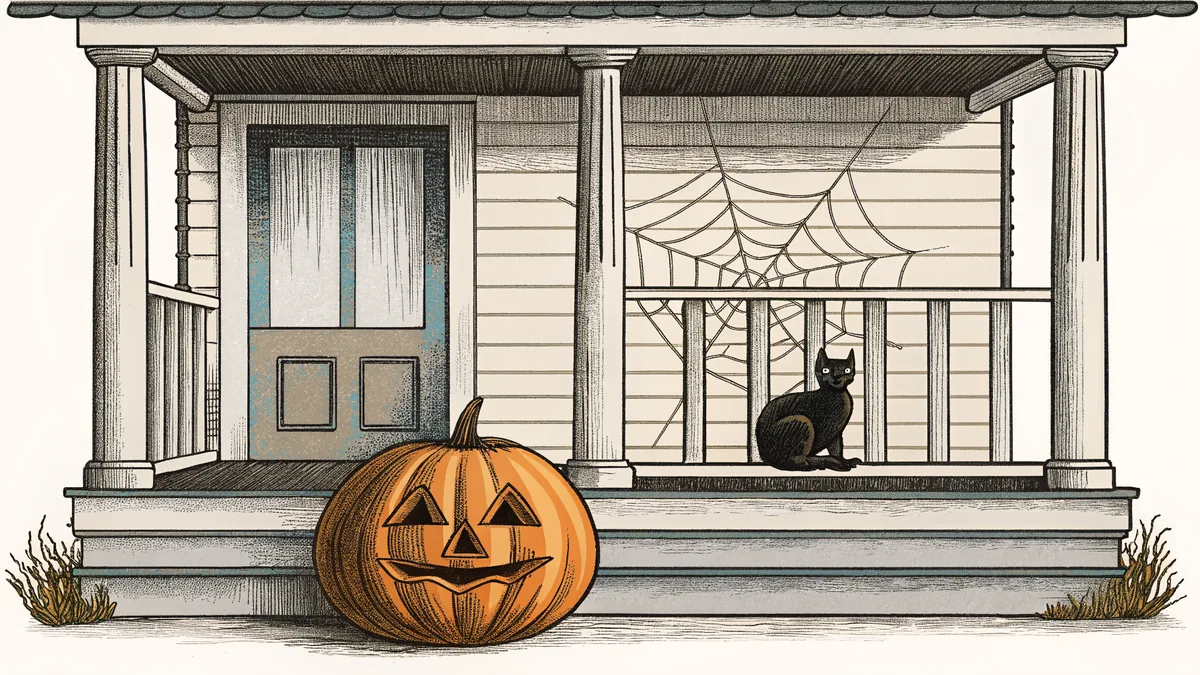Traditional Halloween symbols arranged together on a festive porch display.