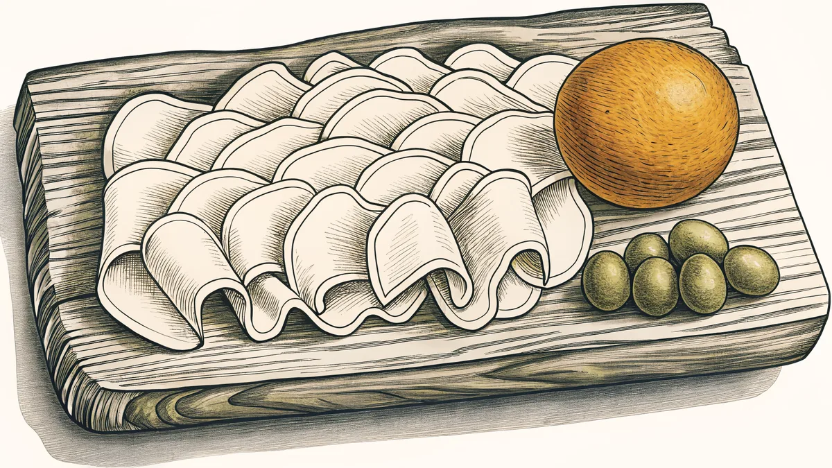 Sliced cured meats display on a wooden serving board.