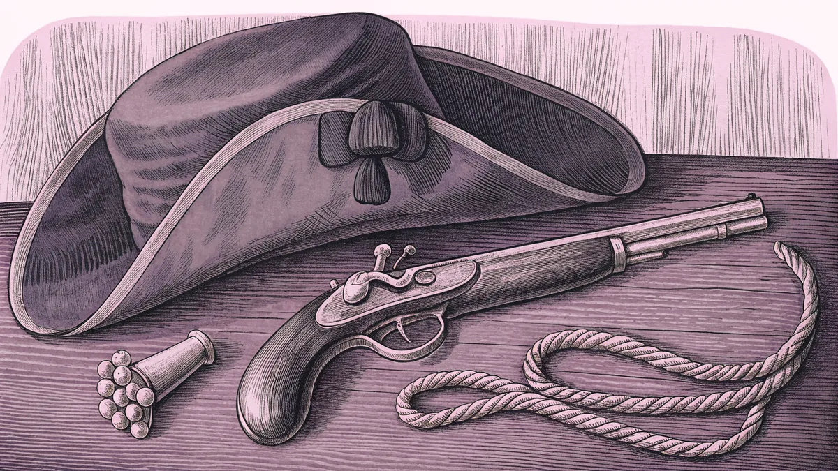 A flintlock pistol and a tricorn hat on a bare wooden table, with a coiled rope and a powder flask beside them.