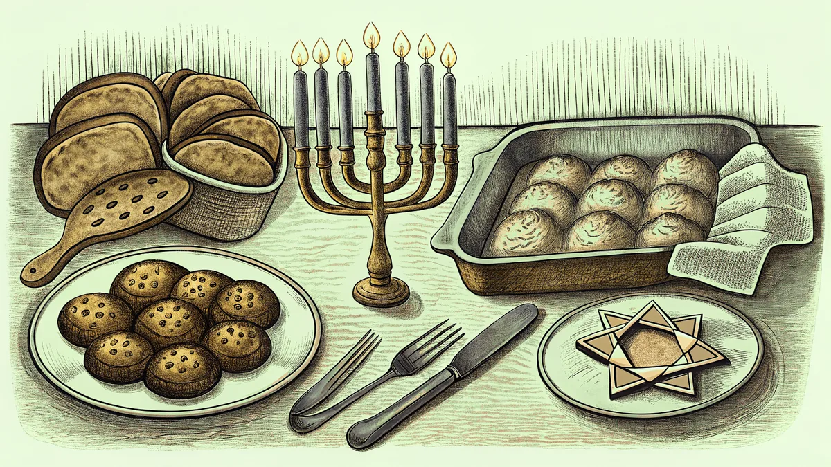 Traditional Hanukkah foods including fried potato latkes, braided bread, and pastries on a table.