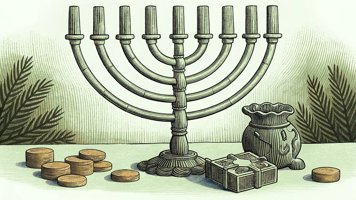 A lit menorah glows beside a wooden dreidel and small piles of gold gelt coins on a table.
