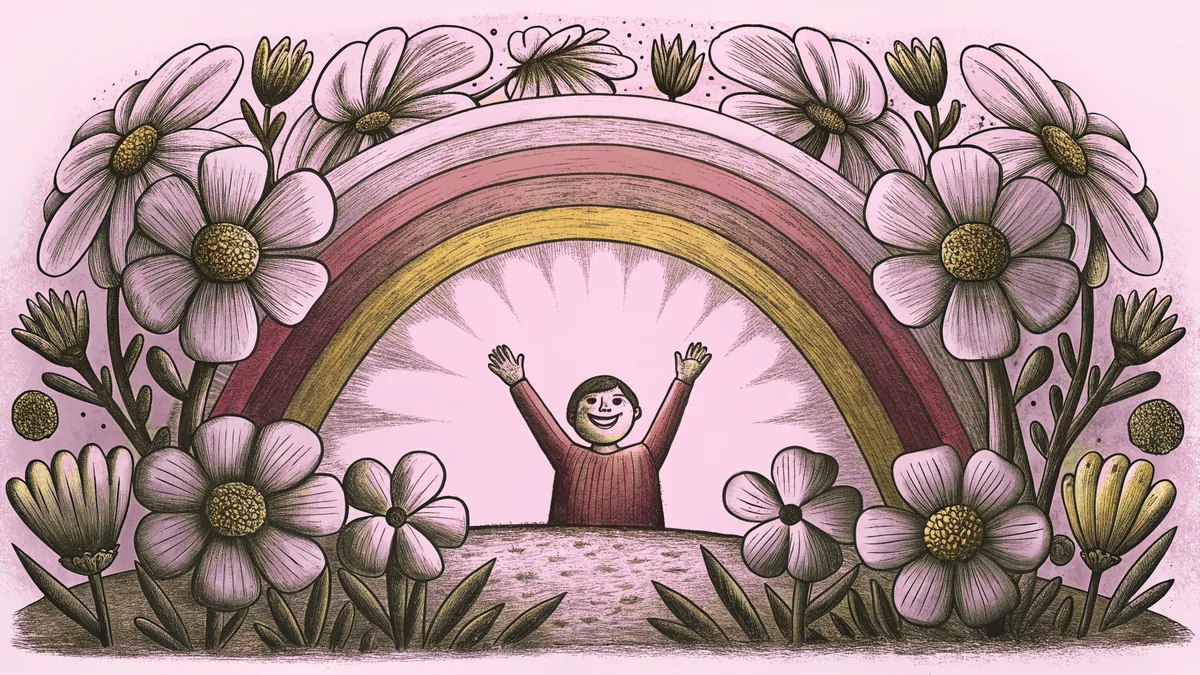 A joyful person celebrating under a rainbow with brilliant sunlight and colorful flowers.