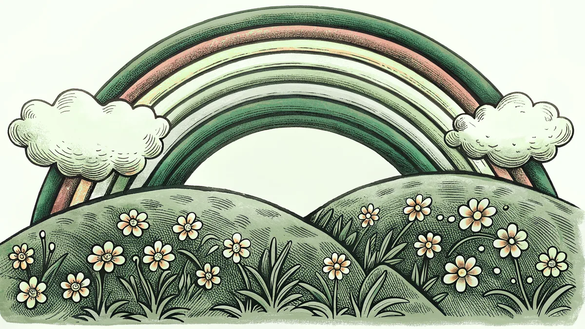 A rainbow stretches across a field of colorful spring blooms.