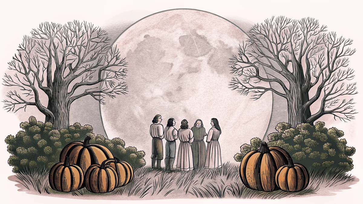 Pilgrims and Native Americans seated together at a harvest table during their shared feast.