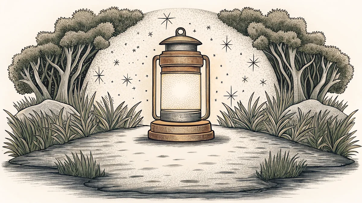 A lantern glowing on a wooded path at night, near a river crossing beneath a starry sky.