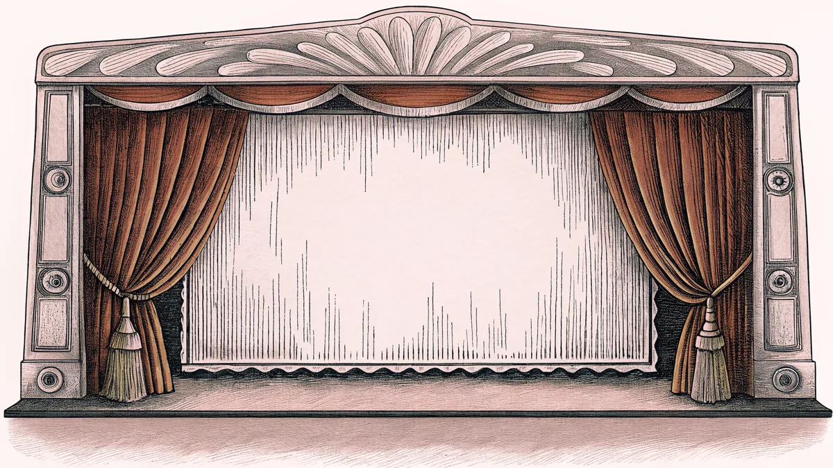 A paintbrush rests beside an easel under an unmarked marquee on a stage floor.