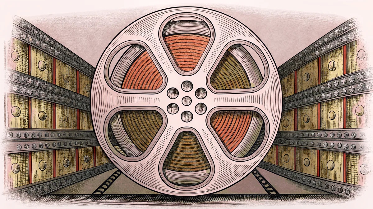 Film projection equipment and colored stage lighting gels arranged on a theater technical console.