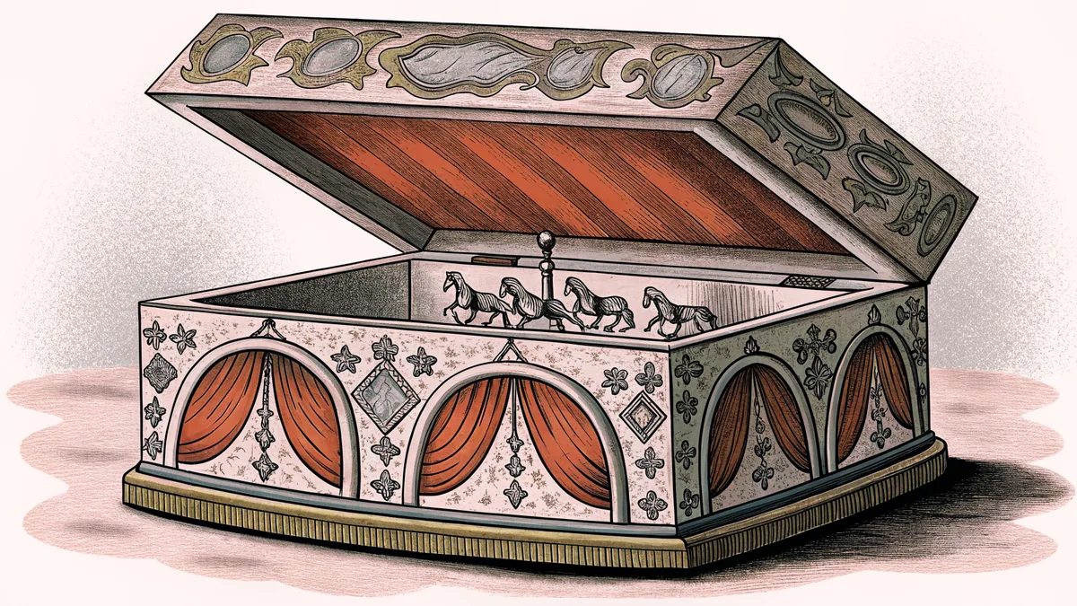 An intricately detailed music box with carousel horses and glowing crystal elements in theatrical lighting.