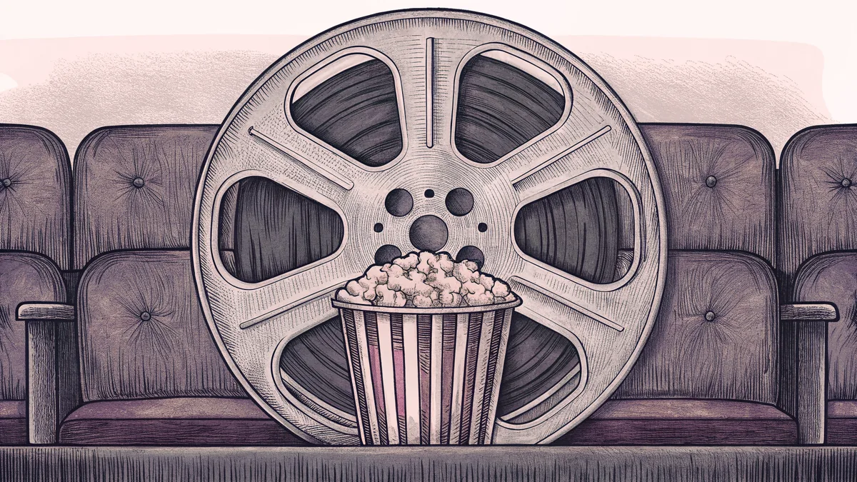 A film reel and striped popcorn box beside velvet cinema seats.