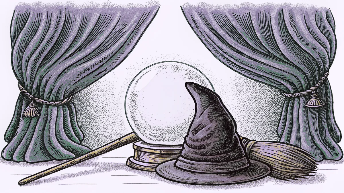 A wizard's wand rests beside a broomstick with a pointed hat and a crystal ball nearby.