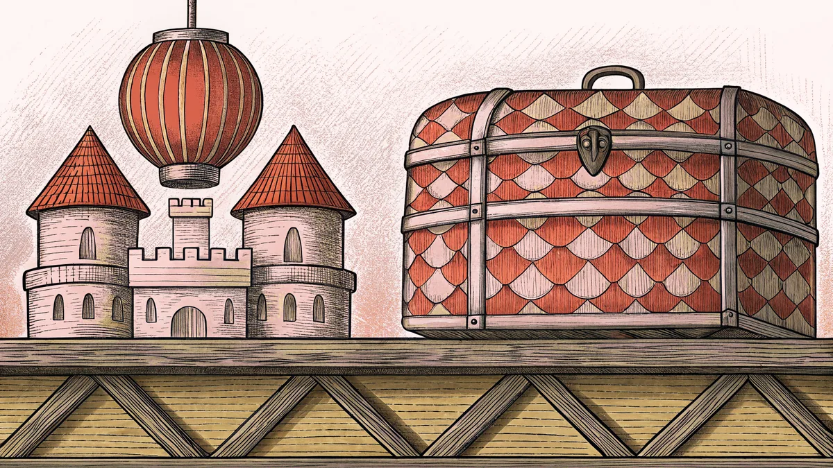 A castle silhouette rises above a hanging lantern and a wooden trunk on a toy shelf.