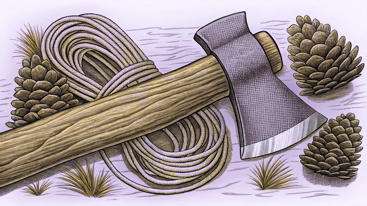 A small hatchet and a coil of rope resting beside four pine cones.