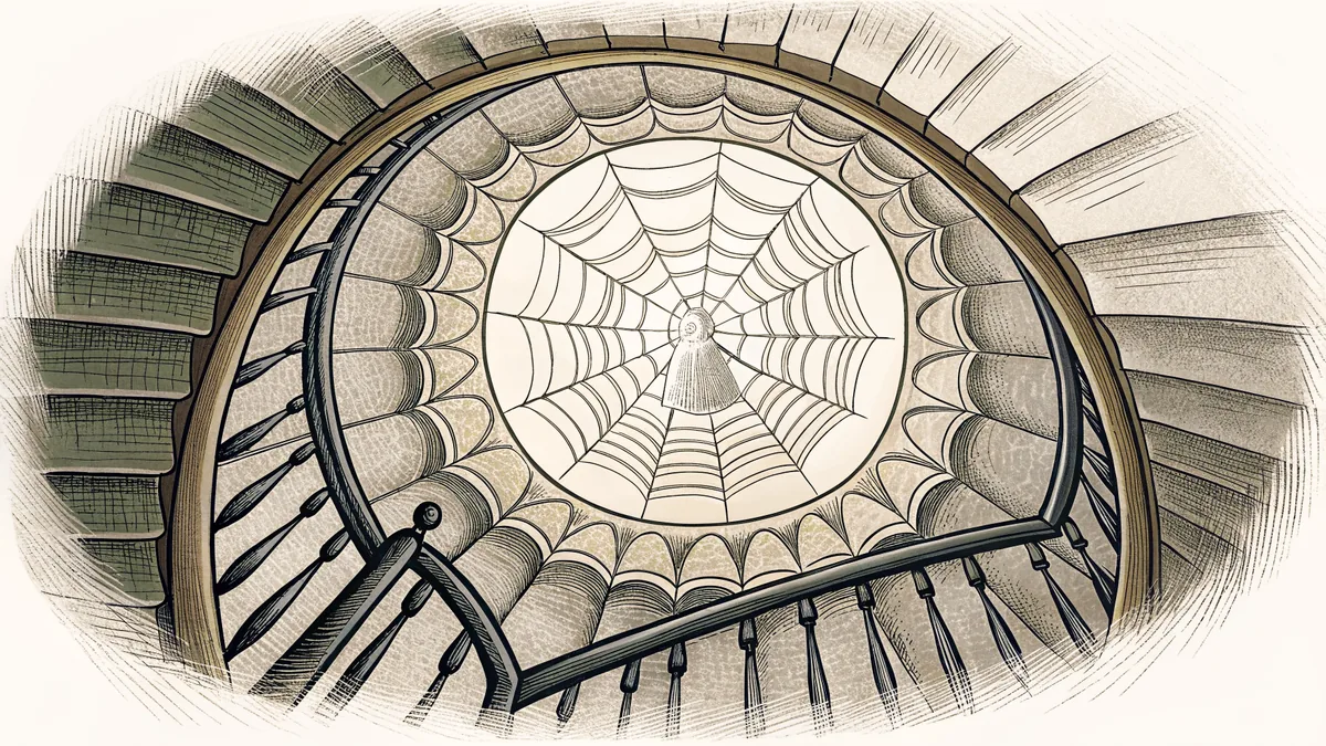 A grand staircase in an abandoned mansion shrouded in shadows and dust.