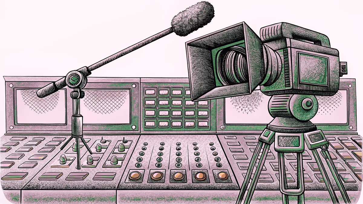 A studio camera and boom microphone stand near a control room console with lit buttons.