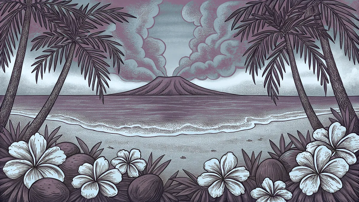Hibiscus flowers and coconuts on a tropical beach with an active volcano.