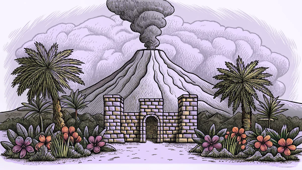 A volcanic landscape adorned with tropical blossoms evokes Hawaiian sacred spiritual places.