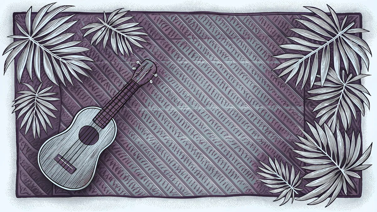 A ukulele resting beside a woven pandanus mat.