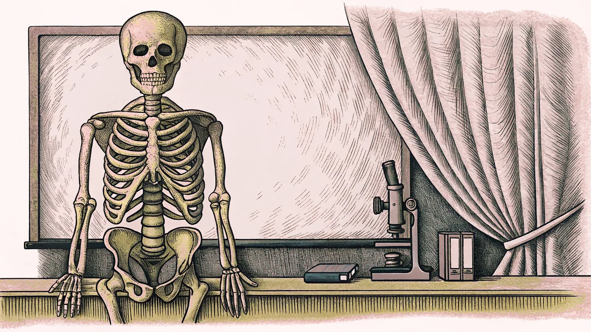 A classroom skeleton model stands beside a microscope and a covered sterile instrument tray.
