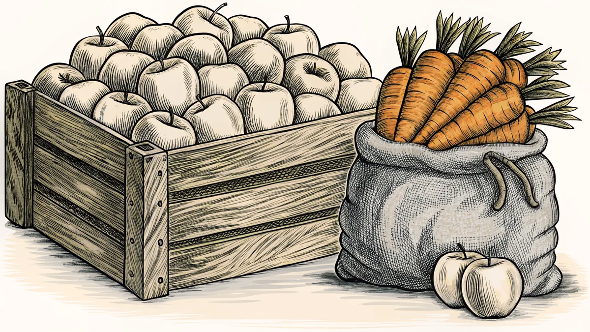 A wooden crate heaped with apples beside a burlap sack packed with carrots, two loose apples in front.