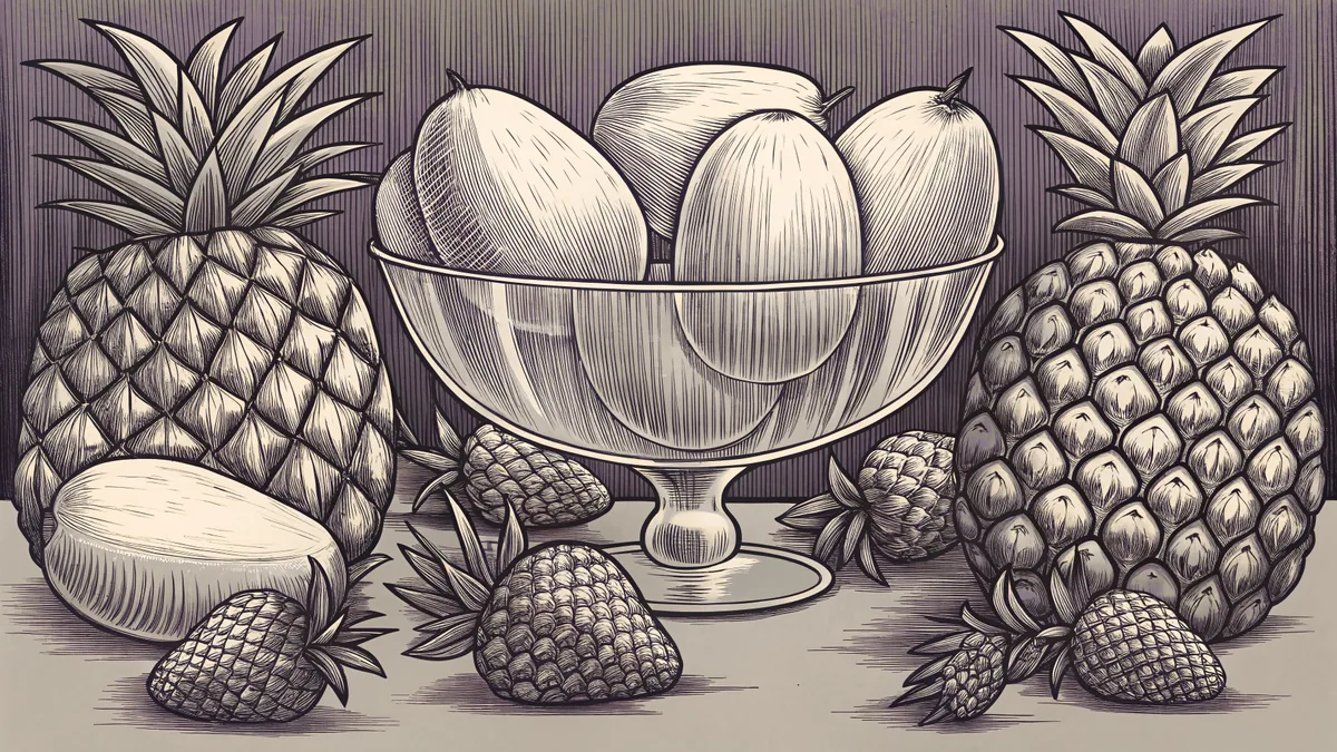 Vibrant tropical fruits piled together in a clear glass bowl.