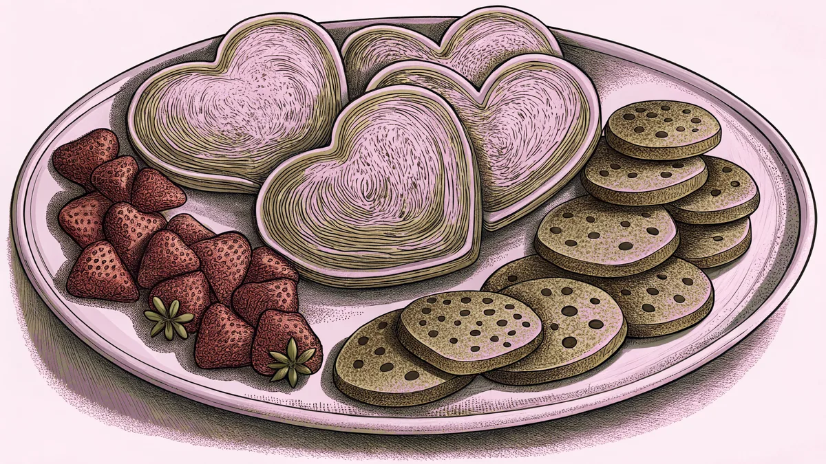Heart-shaped treats including pancakes and chocolates surround fresh red strawberries.